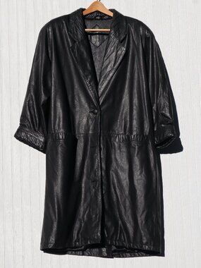 J Ferrar Pleated Long Black Leather Jacket